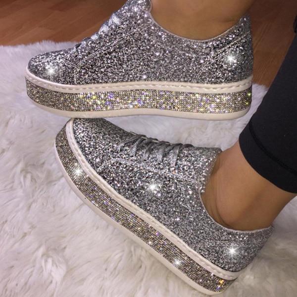 Women's glitter sneakers lace-up rhinestone shiny casual shoes platform sneakers