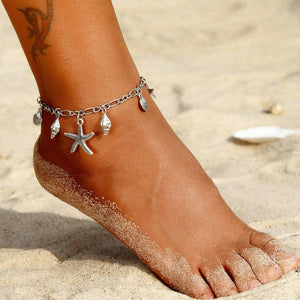 Women boho summer beach silver starfish shell anklets