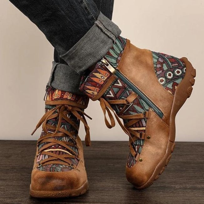 Women's ethnic floral print zipper lace-up boots retro ankle boots