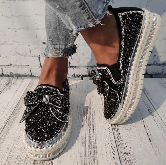 Women's fashion glitter slip on sneakers rhinestone shiny crystal platform sneakers