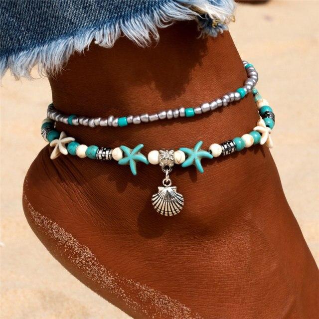 Women Blue Shell Beads Starfish Turtle Anklets - F162