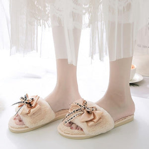 Women's furry warm home slippers with cute bowknots winter house shoes