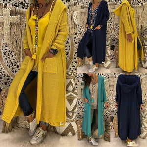 Women's opent front hooded knitted cardigan duster cardigan sweater with pockets