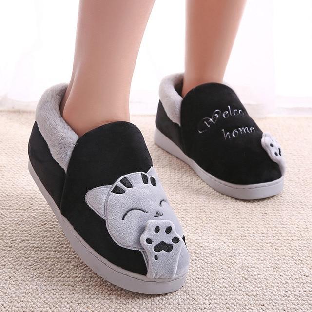 Cute cat slippers push warm winter house shoes