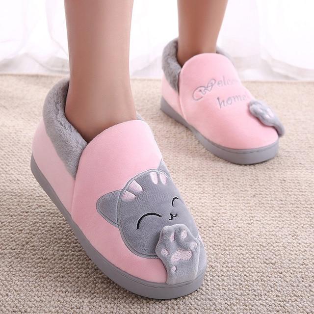 Cute cat slippers push warm winter house shoes