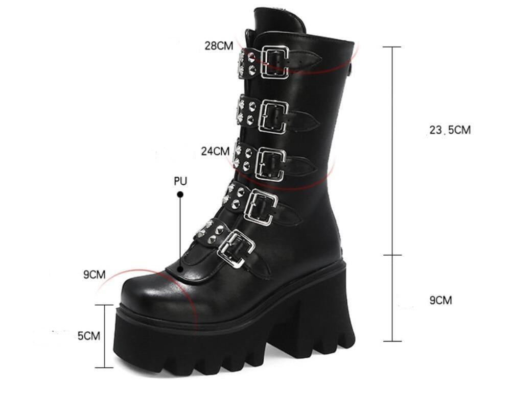 Women's gothic steampunk black platform boots buckle strap mid calf zipper boots