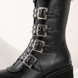 Women's gothic steampunk black platform boots buckle strap mid calf zipper boots