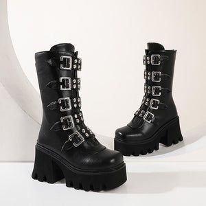 Women's gothic steampunk black platform boots buckle strap mid calf zipper boots
