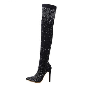 Women's crystal rhinestone thigh high sock boots stretch fabric sexy over the knee boots