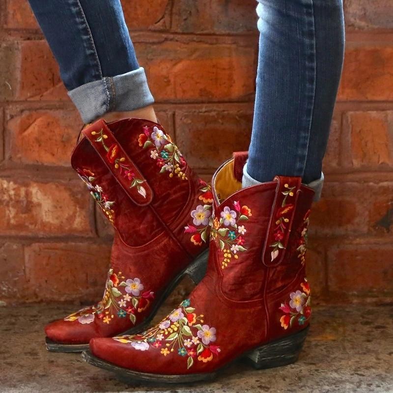 Women's vintage flower embroidery ankle high cowboy boots pointed toe chunky low heel boots