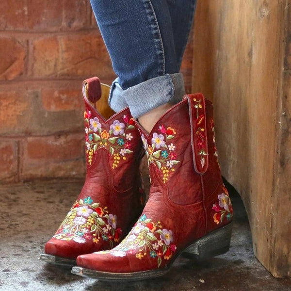 Women's vintage flower embroidery ankle high cowboy boots pointed toe ...