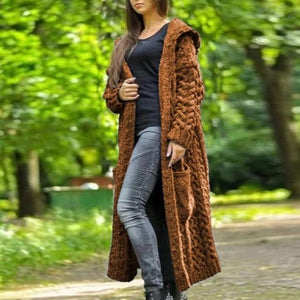 Womens's cable knit hooded long cardigan sweater open front chunky cardigan for winter