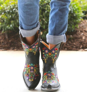 Women's vintage flower embroidery ankle high cowboy boots pointed toe chunky low heel boots