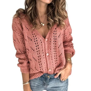 Women's v-neck hollow knit sweater long sleeve casual pullover sweater