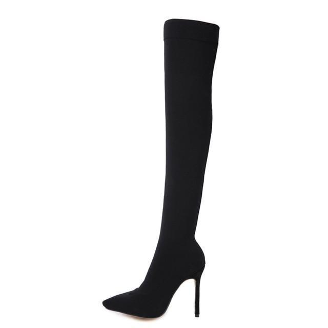 Women's black stiletto heeled stretch over the knee sock boots pointed toe thigh high boots