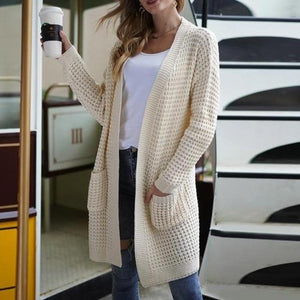 Women's open front knitted cardigan sweater long sleeve crochet sweater with pockets