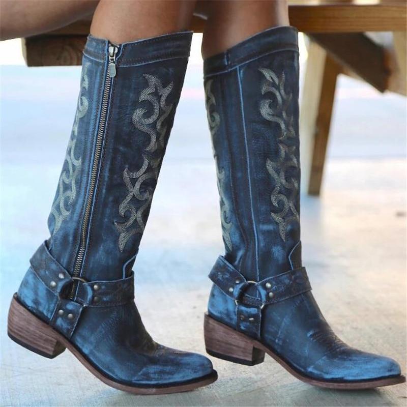 Women's knee high blue cowboy boots floral embroidery pointed toe western boots with zipper