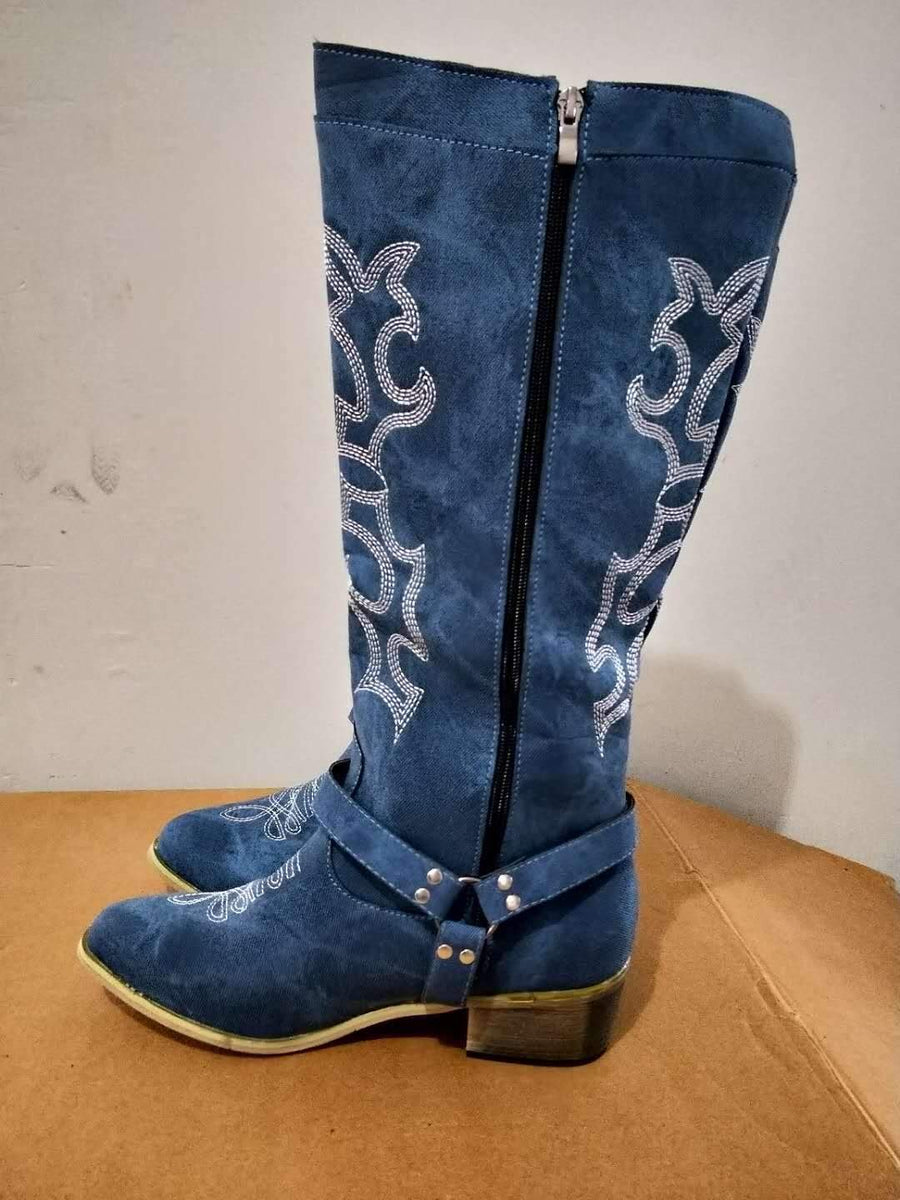 Women's knee high blue cowboy boots floral embroidery pointed toe western boots with zipper