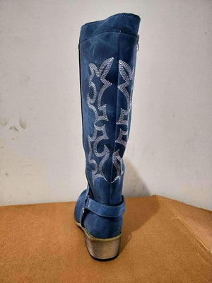 Women's knee high blue cowboy boots floral embroidery pointed toe western boots with zipper