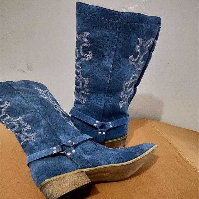 Women's knee high blue cowboy boots floral embroidery pointed toe western boots with zipper