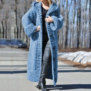 Women's chunky knitted cardigan sweater with button hooded oversized duster cardigan coat