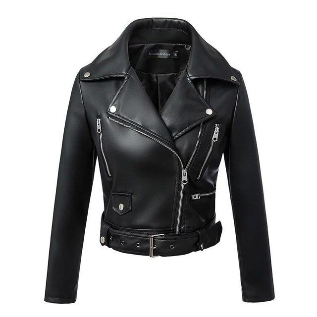 Women's black biker jacket coat turn down collar short jacket with belt