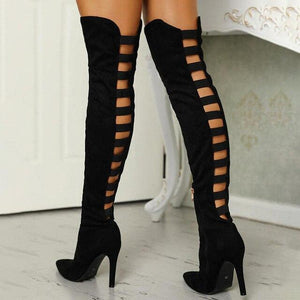 Women's black sexy stiletto heeled elastic over the knee boots for party