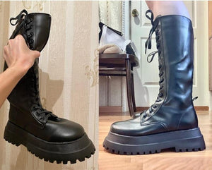 Women's black mid calf platform combat boots front lace-up motorcycle boots with zipper