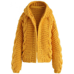 Women's hooded knitted cardigan sweater open front solid cardigan
