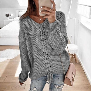 Women's cute v-neck pullover knitted sweater solid casual sweater