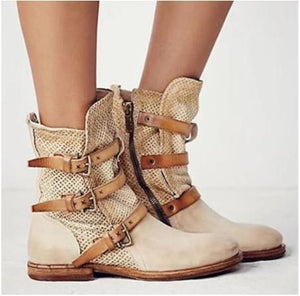 Women's vintage buckle strap ankle boots flat gladiator zipper boots