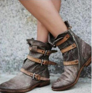 Women's vintage buckle strap ankle boots flat gladiator zipper boots