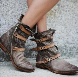 Women's vintage buckle strap ankle boots flat gladiator zipper boots