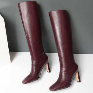 Women's high heeled knee high boots square toe wide calf boots