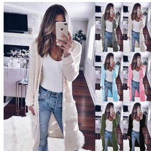 Women's open front knitted long cardigan with pocket