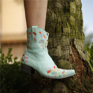 Women's vintage flower embroidery ankle high cowboy boots pointed toe chunky low heel boots