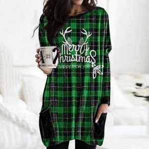 Women's cute Christmas printed crewneck long sleeve T-shirt tops with pockets