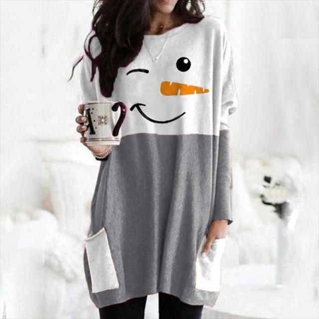 Women's cute Christmas printed crewneck long sleeve T-shirt tops with pockets