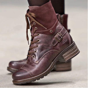 Women's vintage lace-up buckle biker boots flat heel combat boots with zipper