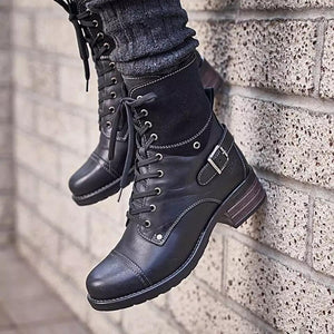 Women's vintage lace-up buckle biker boots flat heel combat boots with zipper