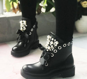 Women's fashion pearl rivet black ankle boots chunky low heel lace-up booties for party