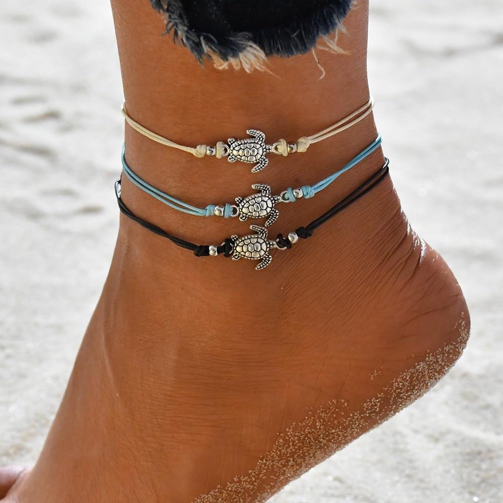 Women summer beach turtle shaped rope string anklets
