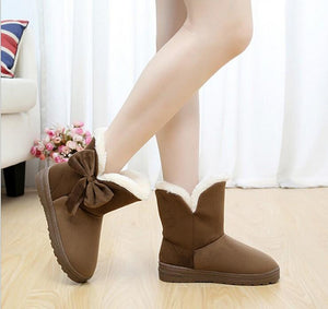 Cute Bowknot Fur Snow Boots for Women Winter Warm Flats - GetComfyShoes