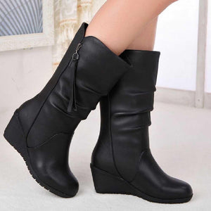 Black Mid Calf Boots for Women Wedges Heel Warm Zipper Boots - GetComfyShoes