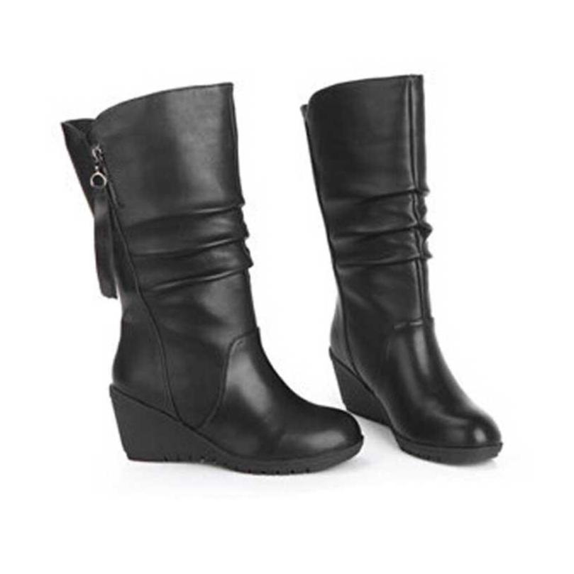 Black Mid Calf Boots for Women Wedges Heel Warm Zipper Boots - GetComfyShoes