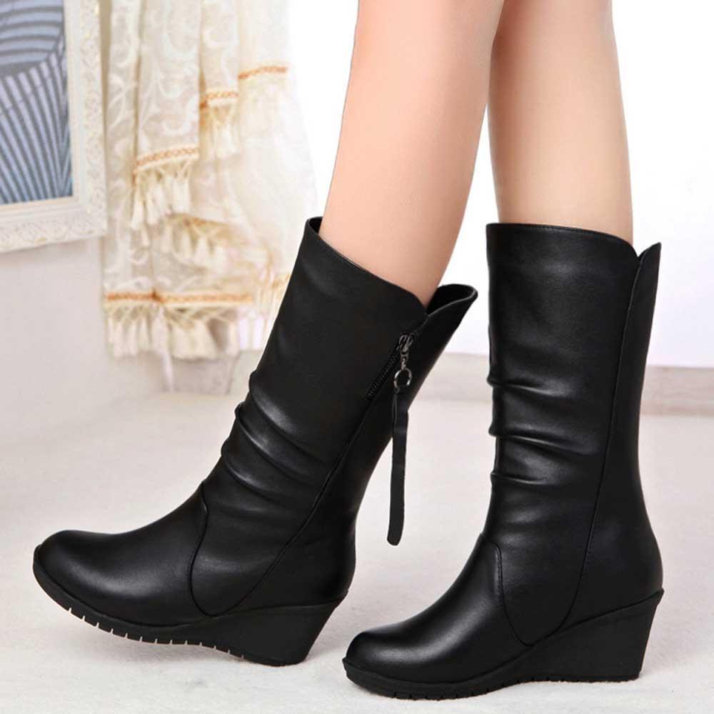 Black mid calf wedge boots for winter