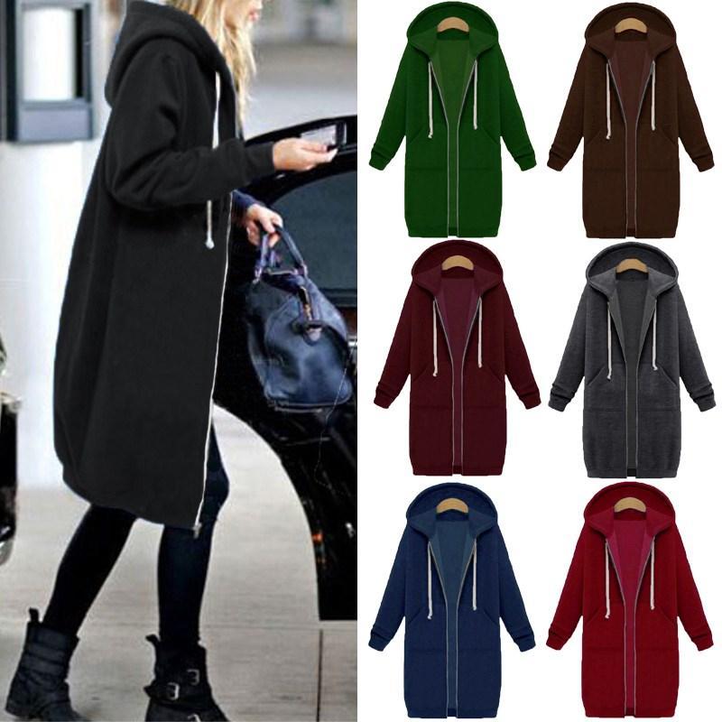 10 Colors Casual Women Long Hoodies Pockets Zip Up - GetComfyShoes