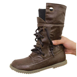 Mid calf lace-up boots for women flat snow boots women's motorcycle boots