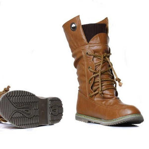 Mid calf lace-up boots for women flat snow boots women's motorcycle boots
