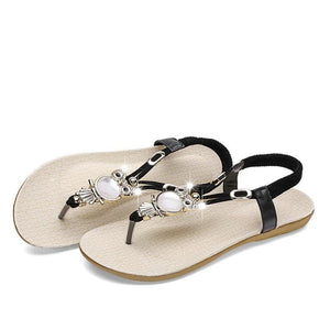 Elastic t-strap bohemia beaded owl sandals - GetComfyShoes